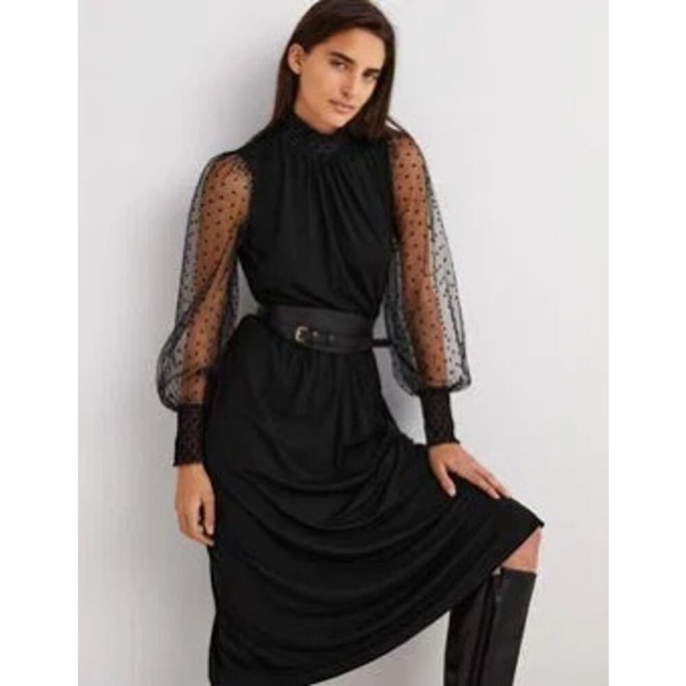 Boden Black Midi Dress with Sheer Polka Dot Sleeves